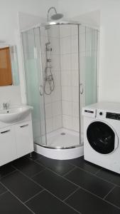 a bathroom with a shower and a washing machine at Ferienwohnung Wolfi in Gotha