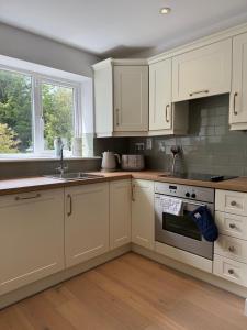 a kitchen with white cabinets and a sink and an oven at The Nook County Dublin in Dublin