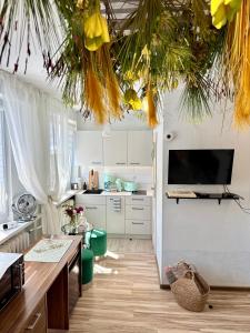a kitchen with white cabinets and a tv on the ceiling at Pokoje Gościnne in Kołobrzeg