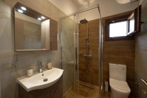 a bathroom with a shower and a sink and a toilet at Lenaki House in Ayía Kiriakí
