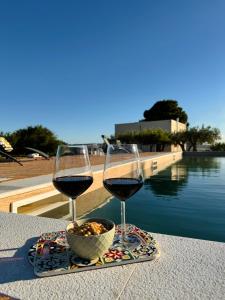 two glasses of red wine and a bowl of food at Stella del Rio in Naro