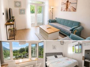 a living room with a blue couch and a table at Apartments FLORA and boat cruising in Virpazar