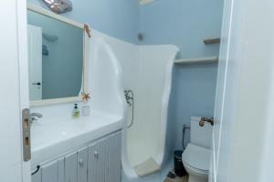 a bathroom with a tub and a toilet and a sink at Cycladic Boungainvillea Home in Kalafatis +21 photos