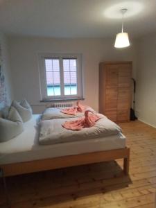 a bedroom with a bed with a person laying on it at Auszeit im Chursbachtal in Callenberg