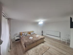 a bedroom with a bed in a white room at Șura Moșului in Dobîca