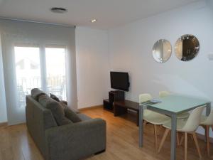 a living room with a couch and a table and a television at Puerta de Ordesa Garden in Laspuña