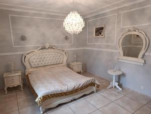 a bedroom with a bed and a mirror and a chandelier at Pensjonat Sielec in Sosnowiec