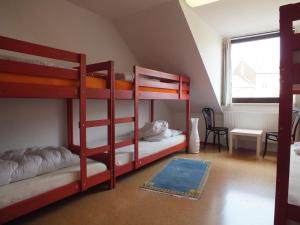 two bunk beds in a room with a window at Max Hostel in Bonn