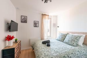 a white bedroom with a bed and a television at Casa 37 in Saint-Quentin