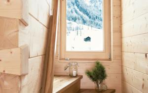 a window in a tiny house with a plant on a bench at CASALPIN Chalets in Brand