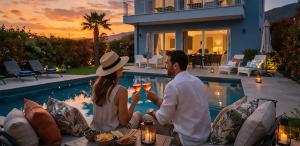 a man and woman sitting next to a pool in a villa at Villa Karolina Luxury Pool Villa Desenzano del Garda in Desenzano del Garda