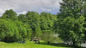 a lake with a dock and benches in the grass at Ežerėlių sodyba in Ažuluokesa