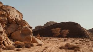 a dirt road in the desert with mountains in the background at Wadi Sabarah Lodge in Abu Dabbab