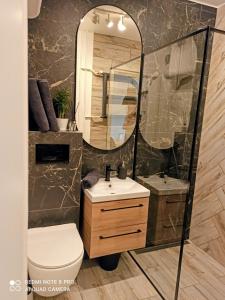 a bathroom with a toilet and a sink and a mirror at Park Redena Katowice/Chorzów in Chorzów