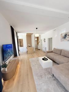 a living room with a couch and a tv at Kovacevic Apartments in Kotor