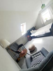 a living room with two couches and a bed at Ferienwohnung Pension Zwethau in Beilrode