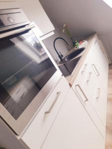 a white kitchen with a sink and a microwave at Ferienwohnung Pension Zwethau in Beilrode +4 photos
