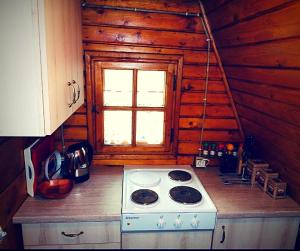 a kitchen with a stove and a window in a cabin at Leśny Zakątek Nowy Wiśnicz in Nowy Wiśnicz