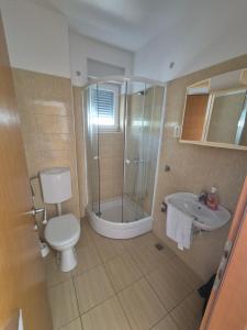a bathroom with a shower and a toilet and a sink at Danica Roof in Tučepi