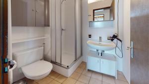 a white bathroom with a toilet and a sink at Haus Belstar A in Naters +5 photos