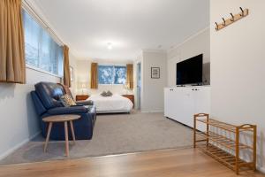 a living room with a bed and a blue chair at Natures Nest near Scenic World in Katoomba