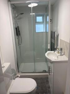 a bathroom with a shower and a toilet and a sink at Pork pie pad in Melton Mowbray