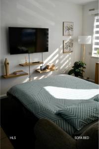 a living room with a bed and a flat screen tv at Harbour Lane Stay in Geraldton
