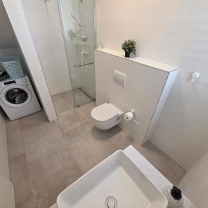 a bathroom with a toilet and a shower and a sink at Sunrise & Sunset villa Šimuni by Pag tours in Šimuni +26 photos