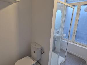 a white bathroom with a toilet and a sink at Maison chaleureuse avec tous confort in Elbeuf