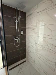 ein Badezimmer mit Dusche und Marmorfliesen in der Unterkunft A-Frame Prislop,Hațeg in Silvaşu de Sus + 15 Fotos
