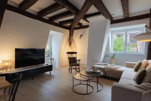 a living room with a couch and a tv at Le JOLIE DUPLEX in Colmar