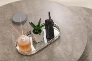 a table with a tray with a plant on it at Breeze Apartments Megara - Linea in Megara +2 photos