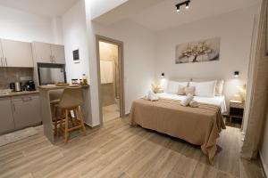 a bedroom with a large bed and a kitchen at Elysian Studios in Mavrovouni