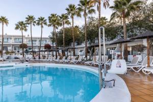 ein Pool im Resort mit Liegestühlen und Palmen in der Unterkunft Hotel THB Flora in Puerto del Carmen