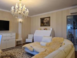 a living room with a couch and a chandelier at Family Suites & Parking in Baden-Baden