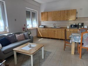 a living room with a couch and a table and a kitchen at Budai Garden House in Hévíz