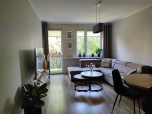 a living room with a couch and a table at Apartament Przyjaźń in Tarnowskie Góry