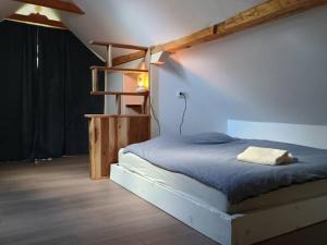 a bedroom with a bed and a book shelf at The hayloft in Grohoţele