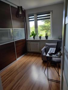 a living room with a couch and a desk with a laptop at Apartament Przyjaźń in Tarnowskie Góry