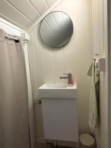 a small bathroom with a sink and a mirror at Loftsrom in Drammen +2 photos