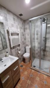 a bathroom with a shower and a toilet and a sink at Casa Rústica Mariana in Lubián