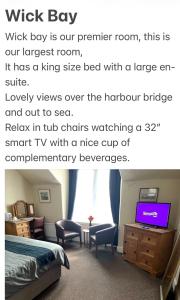 a hotel room with a bed and a tv at Harbour bridge, Camps bar in Wick +29 photos