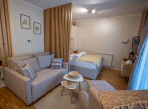 a living room with a couch and a bed at MB APARTMAN TARA in Kaludjerske Bare