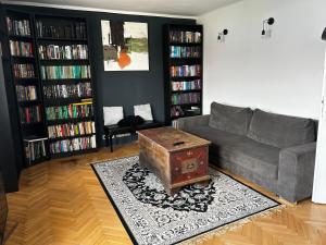 a living room with a couch and book shelves with books at Byt Staré Mesto in Liptovský Mikuláš