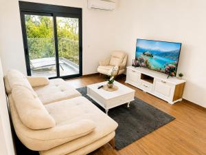 a living room with a couch and a flat screen tv at Swiss Luxury Appartement in Dobra Voda