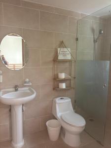 a bathroom with a toilet and a sink and a mirror at Yara Beach in Punta Cana