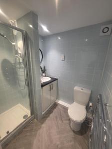 a bathroom with a toilet and a shower and a sink at The Loft Studio Westbury in Westbury
