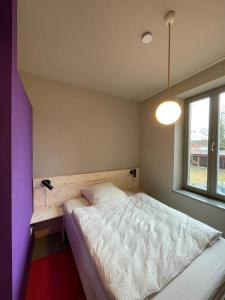 a bedroom with a bed and a window at Farbenfrohes Appartment in Wittenberge in Wittenberge