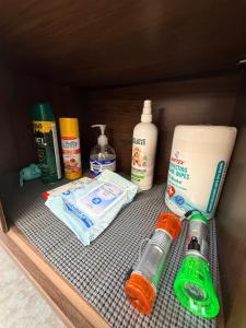 a shelf with a bunch of bathroom items on it at Dome Haven Glamping in South Haven