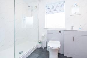 a white bathroom with a toilet and a shower at Heddfan Cottage in Haverfordwest +32 photos
